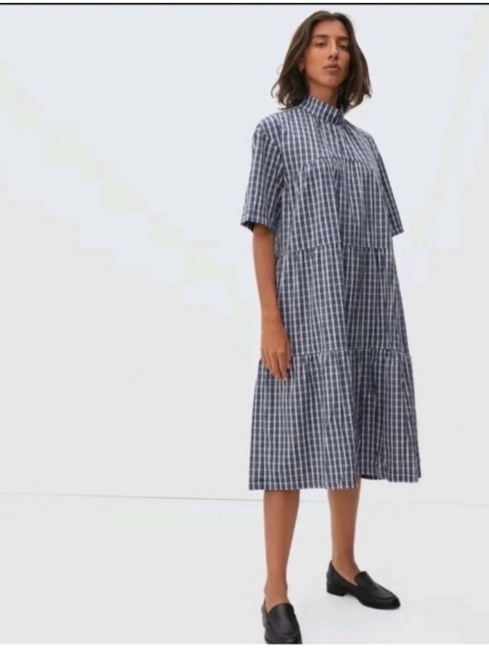 Everlane Gingham Plaid Tiered Midi Dress Sz XL Blue White Short Sleeve Cotton